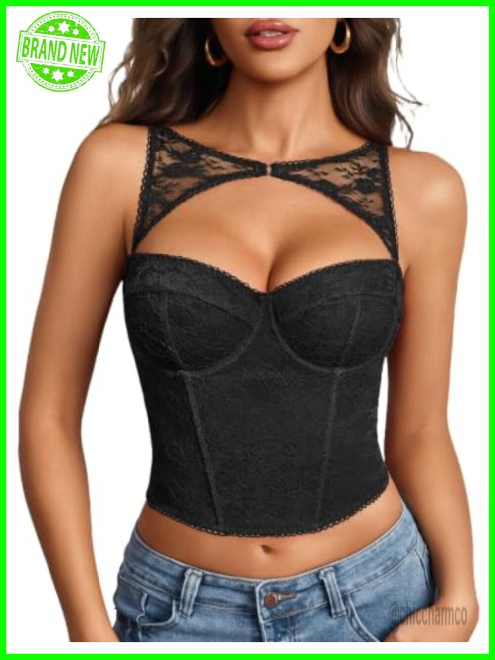 Lace Corset Top Cutout Bralette Underwire Waist Boning Adjustable Back